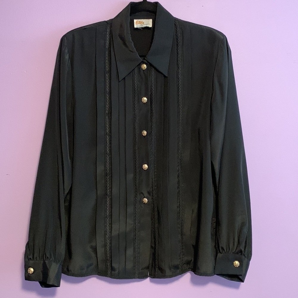Vintage Elite International black with gold button up blouse